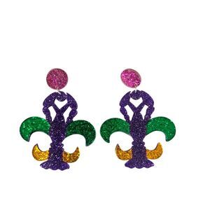 Mardi Gras Fleur Di Lis Crawfish Glitter Dangle Acrylic Earrings NEW